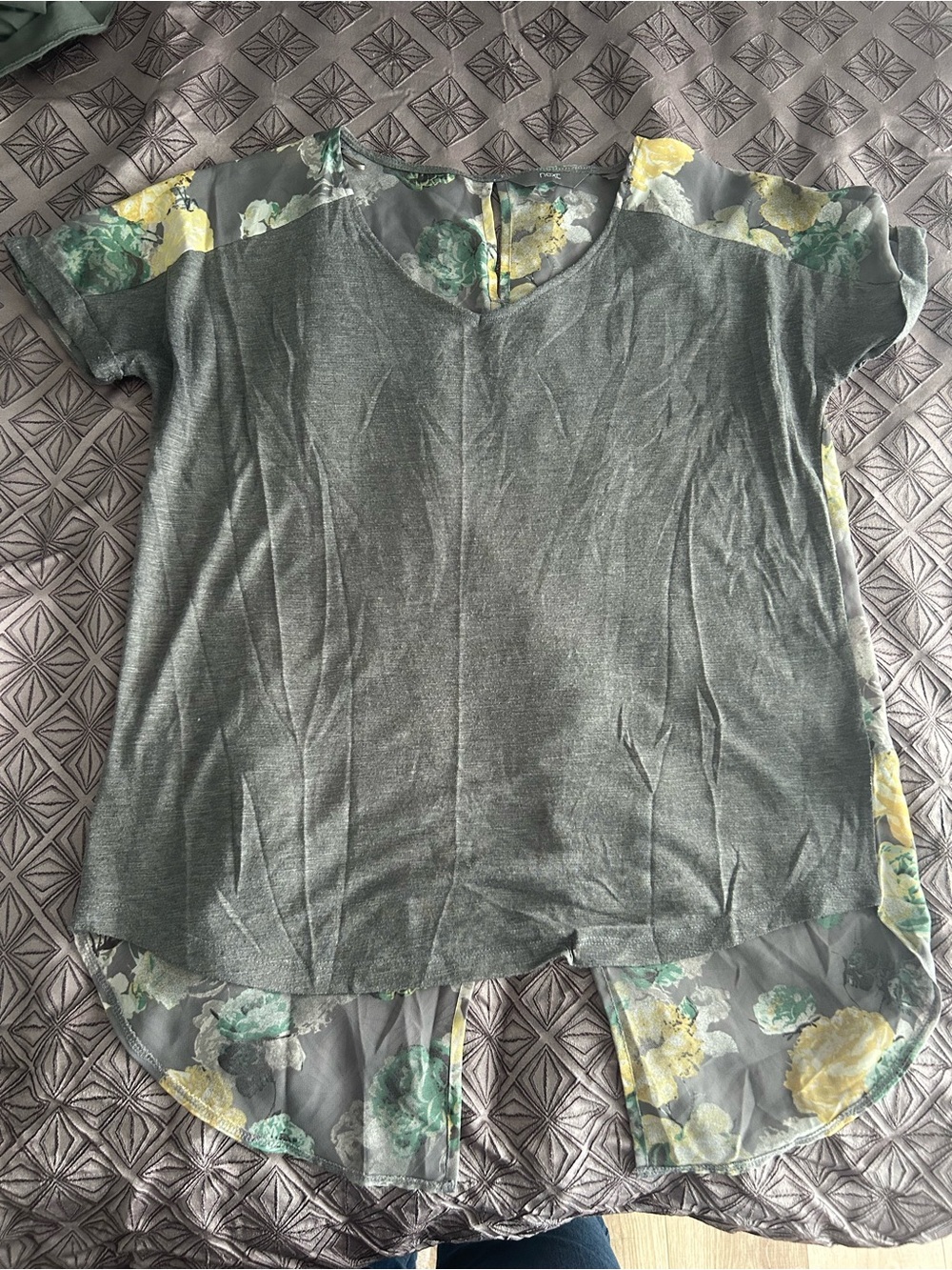 next Gray Short Sleeve Tunic with Yellow & Green Floral Trim